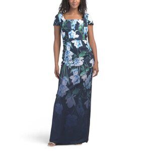 RENE BY RENE RUIZ Navy/Blue Short Sleeve Cascading Floral Gown